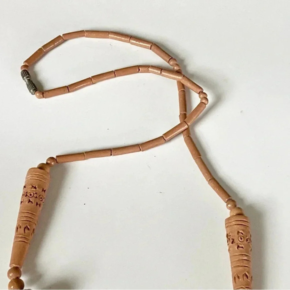 Vintage Artisan Tribal Boho Carved Clay Beaded Statement Necklace. - Picture 4 of 8